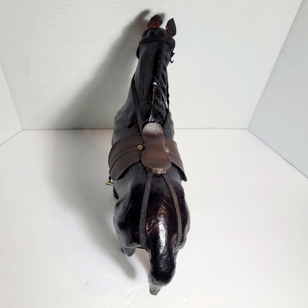 Vintage Brown Leather Wrapped Horse Statue Figure With Saddle - Picture 9 of 12
